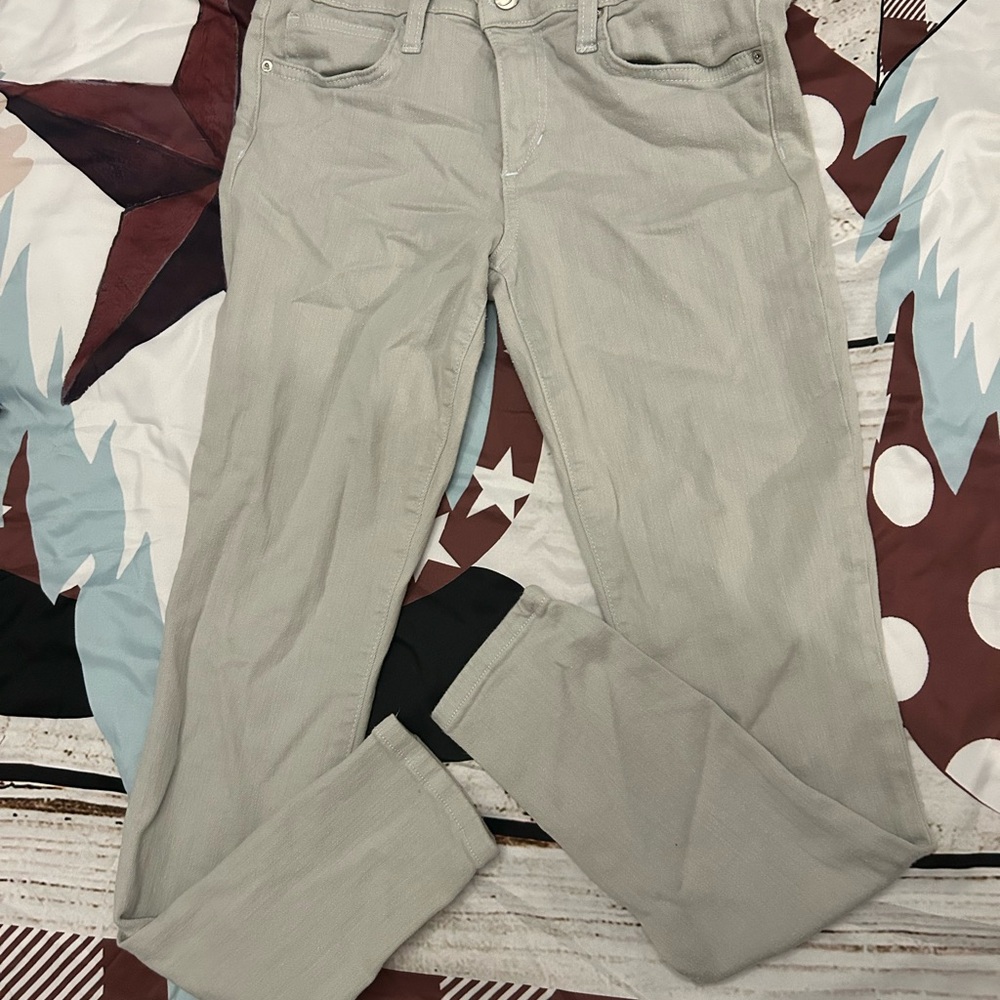 Joe’s Jeans. Size 29. 27” inseam. Light blue leaning to grey. Stitch is in blue.